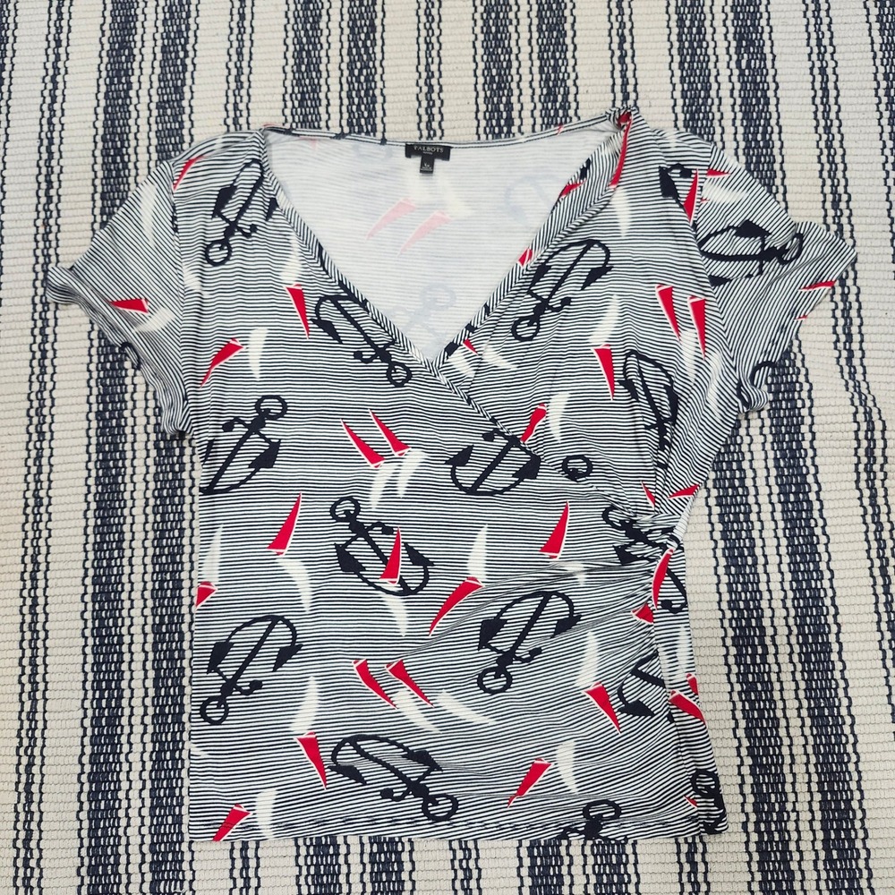 Talbots Petites Nautical Anchor Sailboat Stripe Wrap Top Navy Red LP